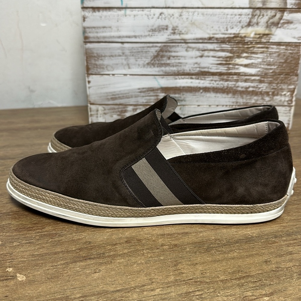 Tod's Brown Suede Slip-On Loafers with Webbed Stripes - Picture 5 of 10